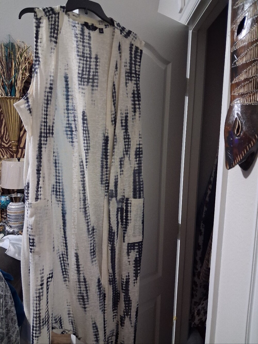 Sleeveless Open-Front Tie-Dye Maxi Vest Dress - Blue and White